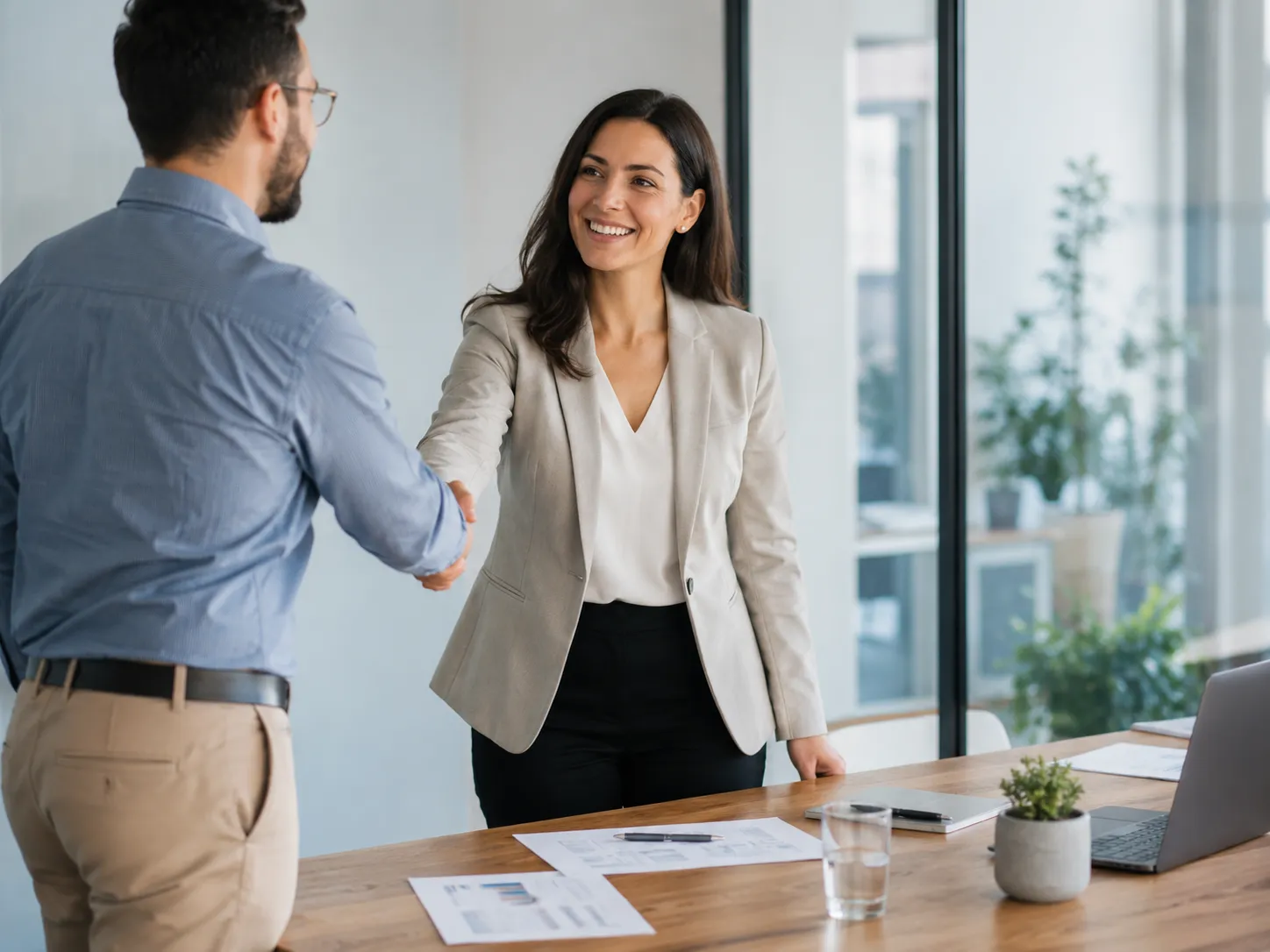 Échange professionnel dans un bureau lumineux.