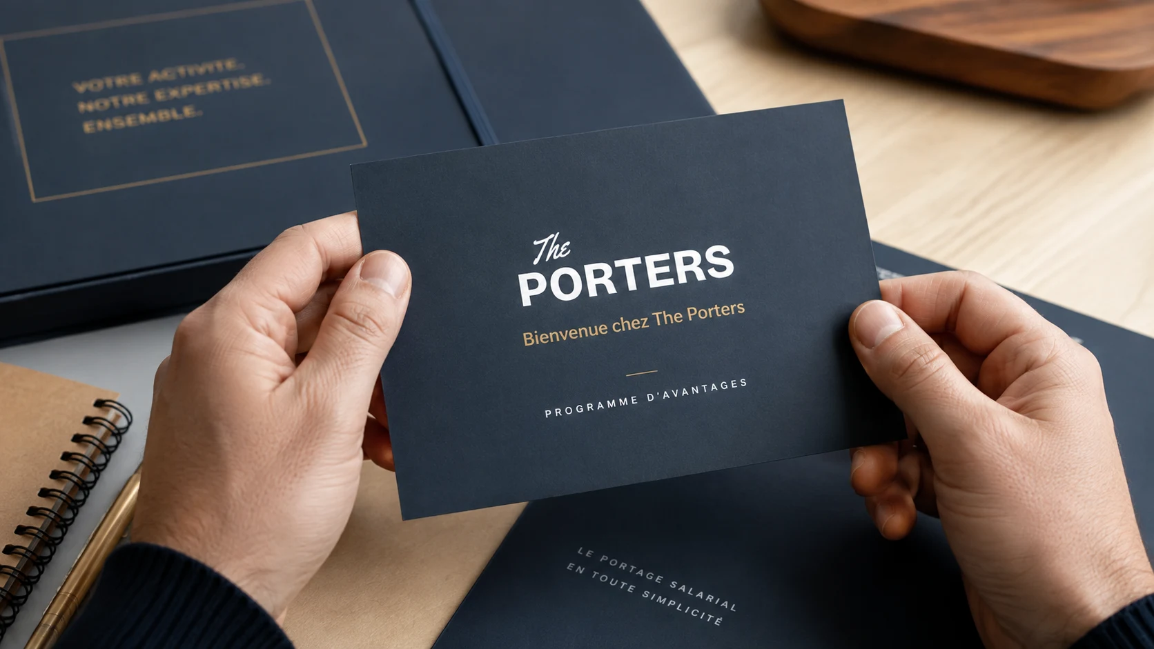 Une carte Bienvenue chez The Porters tenue entre deux mains